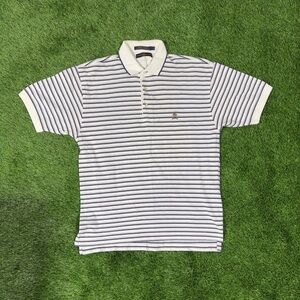 VTG 90's Tommy Hilfiger Crest Logo Off White Purple/Navy Striped Polo Shirt - L
